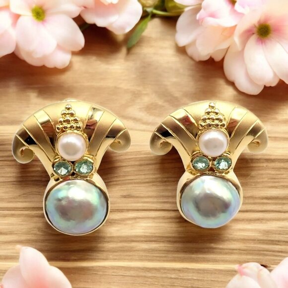 Rare! Vintage Paula Crevoshay 18k Gold Abalone Pearl Blue Gemstone Earrings OOAK - Picture 2 of 15